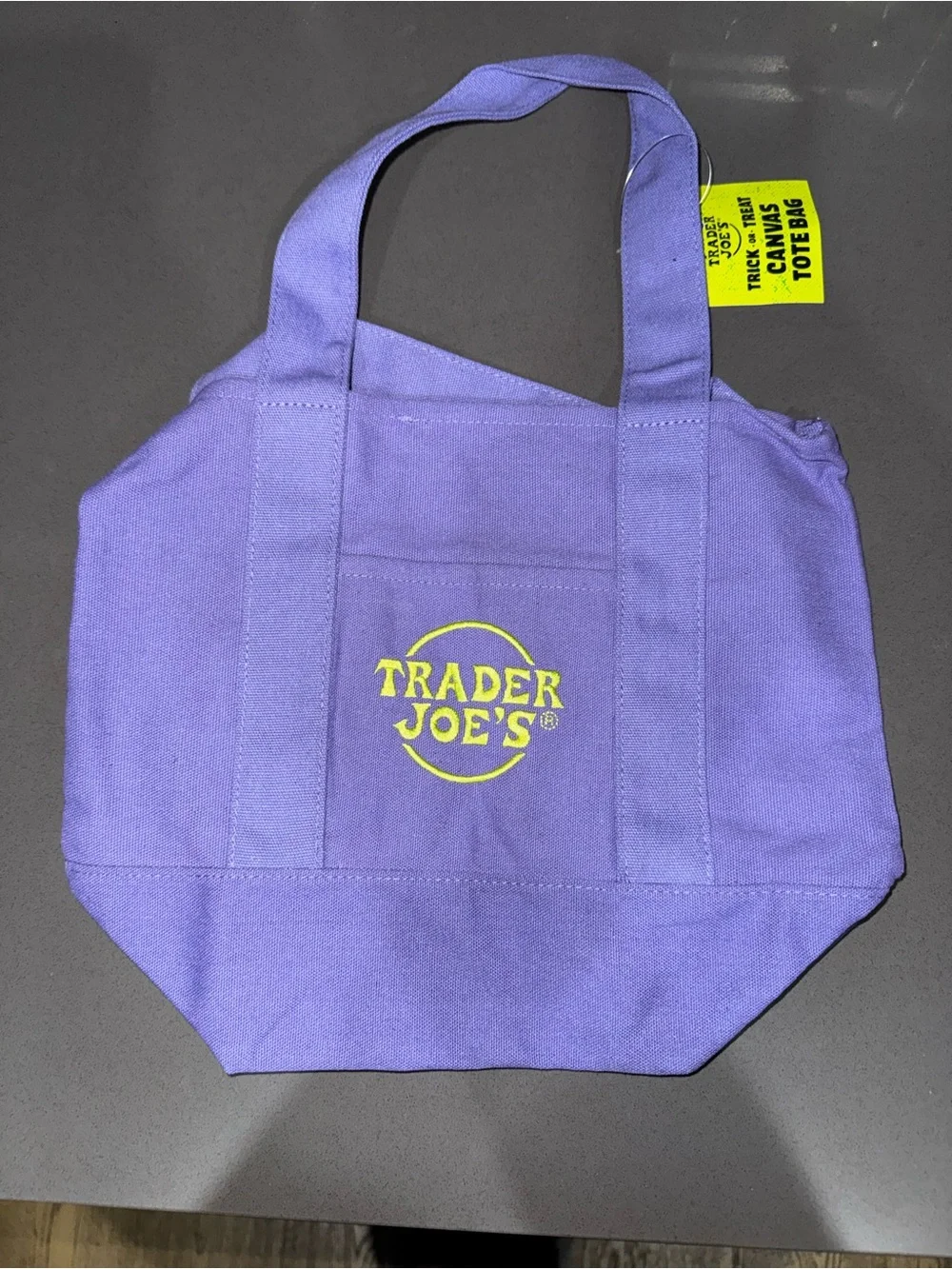 Trader Joe's Fall Halloween Purple Canvas Tote with Yellow Logo
